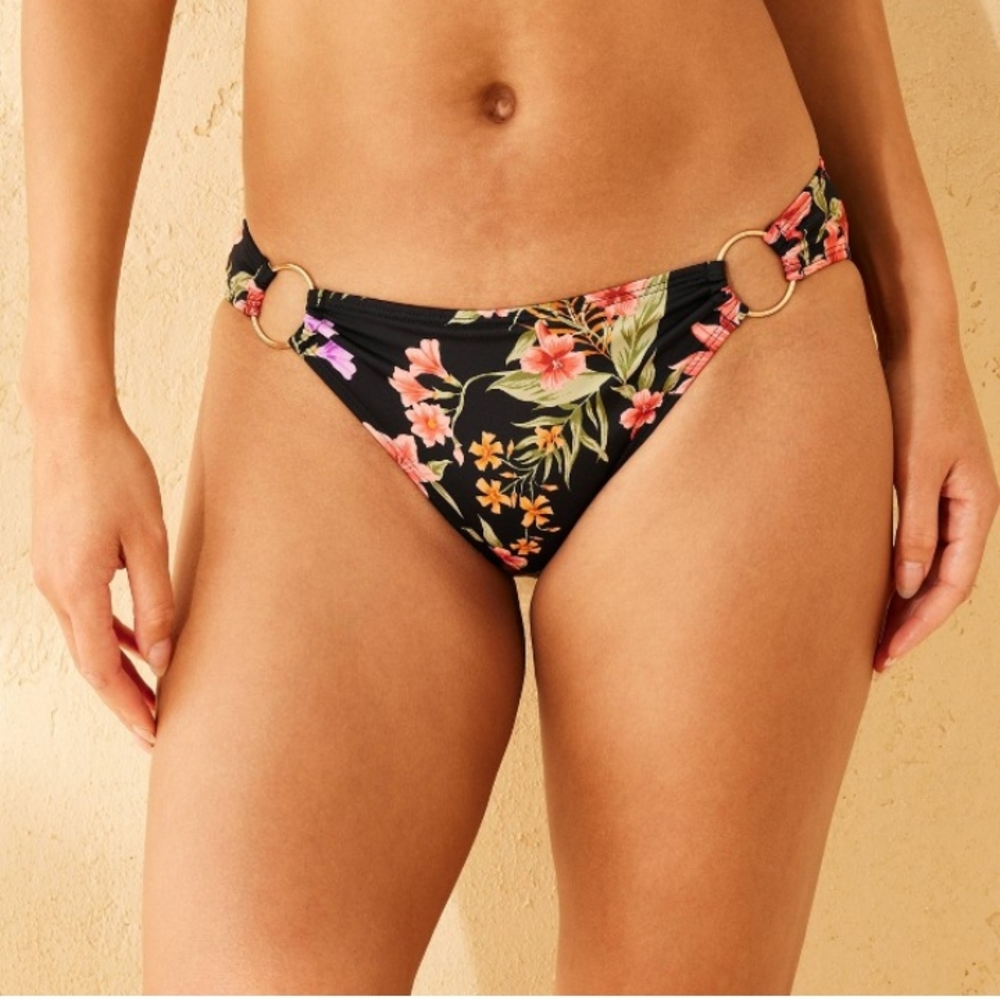 Black Floral & Pink Bikini Bottom With Side Ring Detail